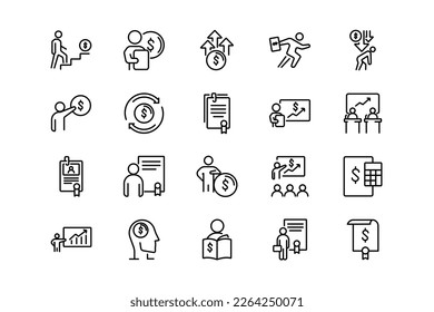 Invest, send money, and pay mass lines icon set. Invest genres and attributes. Linear design. Lines with editable stroke. Isolated vector icons.