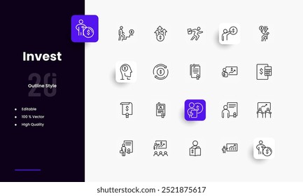 Invierta, envíe dinero y pague el conjunto de iconos de líneas masivas. Invierte géneros y atributos. Diseño lineal. Líneas con trazo editable. Iconos aislados del vector.