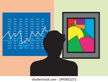 
Invest in the stock market or in art. Black silhouette of person or stockbroker or investor in front of stock price charts and in front of a modern art picture
