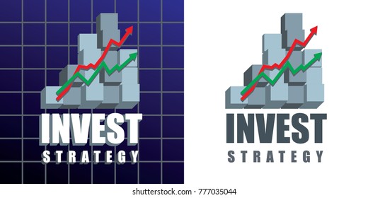 Invest strategy emblem with text, graphs and 3d chart bars on dark blue background and variation on white. Vector illustration