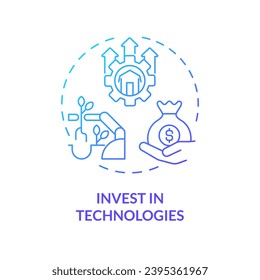 Invertir en tecnologías icono de concepto de gradiente azul. Aumentar la productividad. Desarrollo rural. Maquinaria agrícola. Ilustración de línea de forma redonda. Idea abstracta. Diseño gráfico. Fácil de usar