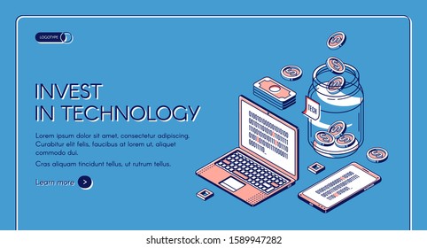 Invest in technology isometric landing page, gadgets with binary code on screen, dollar coins fall to glass jar. Investment business for finance increase. 3d vector illustration, line art web banner