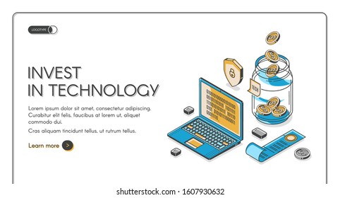 Invest in technology isometric landing page, laptop with binary code on screen, dollar coins fall to glass jar and shield. Secure investment business success 3d vector illustration line art web banner