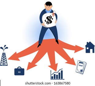 Invest wisely. Man holding a money bag, considering different investing options, vector cartoon