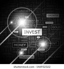 INVEST. Word cloud illustration. Graphic tag collection. Vector concept collage. 