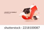 Invest In Yourself - 3D Concept to Success. Realistic 3d design of Business profit investment, finance education, earning income, business growth. Vector illustration in cartoon minimal style.