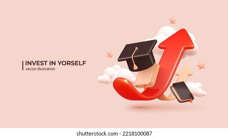 Invest In Yourself - 3D Concept to Success. Realistic 3d design of Business profit investment, finance education, earning income, business growth. Vector illustration in cartoon minimal style. - Shutterstock ID 2218100087