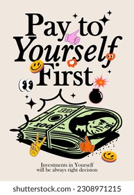 Invest to yourself motivational poster or card or book cover design template with cash money and typographic composition and emoji elements on light background. Vector illustration