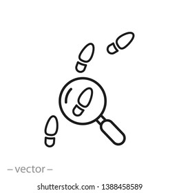 investigate icon, footprints under magnifying glass, line sign on white background - editable stroke vector illustration eps10