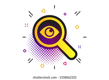 Investigate icon. Halftone dots pattern. Magnifying glass with eye symbol. Classic flat investigate icon. Vector