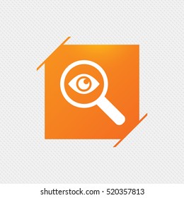 Investigate icon. Magnifying glass with eye symbol. Orange square label on pattern. Vector