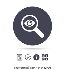 Investigate icon. Magnifying glass with eye symbol. Report document, information and check tick icons. Currency exchange. Vector