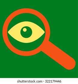 Investigate vector icon. Style is bicolor flat symbol, orange and yellow colors, rounded angles, green background.