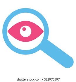 Investigate vector icon. Style is bicolor flat symbol, pink and blue colors, rounded angles, white background.