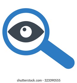 Investigate vector icon. Style is bicolor flat symbol, smooth blue colors, rounded angles, white background.
