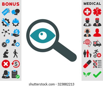 Investigate vector icon. Style is bicolor flat symbol, soft blue colors, rounded angles, white background.