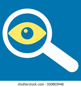 Investigate vector icon. Style is bicolor flat symbol, yellow and white colors, rounded angles, blue background.