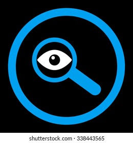 Investigate vector icon. Style is bicolor flat rounded symbol, blue and white colors, rounded angles, black background.