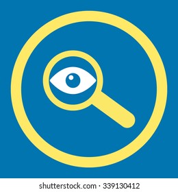 Investigate vector icon. Style is bicolor flat rounded symbol, yellow and white colors, rounded angles, blue background.