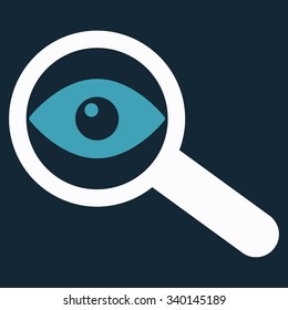 Investigate vector icon. Style is bicolor flat symbol, blue and white colors, rounded angles, dark blue background.