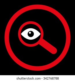 Investigate vector icon. Style is bicolor flat rounded symbol, red and white colors, rounded angles, black background.