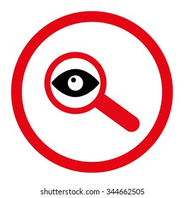 Investigate vector icon. Style is bicolor flat rounded symbol, intensive red and black colors, rounded angles, white background.