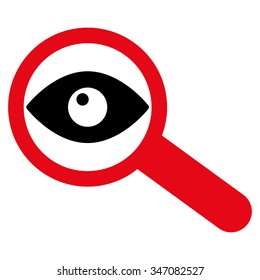 Investigate vector icon. Style is bicolor flat symbol, intensive red and black colors, rounded angles, white background.