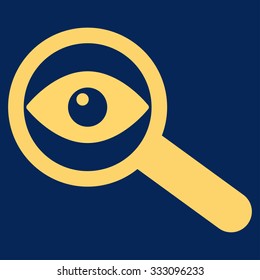 Investigate vector icon. Style is flat symbol, yellow color, rounded angles, blue background.