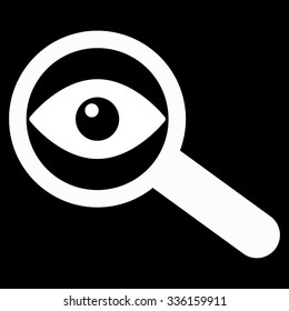 Investigate vector icon. Style is flat symbol, white color, rounded angles, black background.