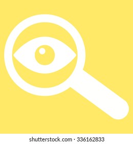 Investigate vector icon. Style is flat symbol, white color, rounded angles, yellow background.