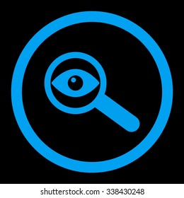 Investigate vector icon. Style is flat rounded symbol, blue color, rounded angles, black background.