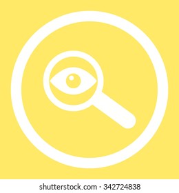 Investigate vector icon. Style is flat rounded symbol, white color, rounded angles, yellow background.