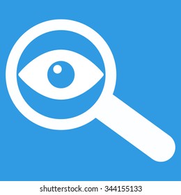 Investigate vector icon. Style is flat symbol, white color, rounded angles, blue background.