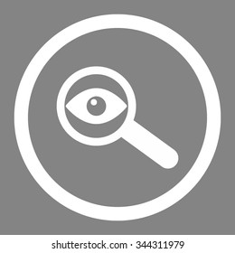 Investigate vector icon. Style is flat rounded symbol, white color, rounded angles, gray background.