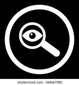 Investigate vector icon. Style is flat rounded symbol, white color, rounded angles, black background.