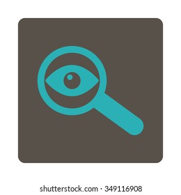 Investigate vector icon. Style is flat rounded square button, cyan and grey colors, white background.