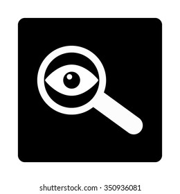 Investigate vector icon. Style is flat rounded square button, white and black colors, white background.