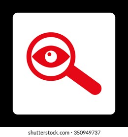 Investigate vector icon. Style is flat rounded square button, red and white colors, black background.