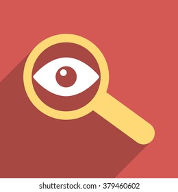 Investigate Vision long shadow vector icon. Style is a flat light symbol with rounded angles on a red square background.