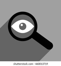 Investigate Vision long shadow vector icon. Style is a flat investigate vision black and white iconic symbol on a gray square background.