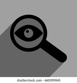 Investigate Vision long shadow vector icon. Style is a flat investigate vision black iconic symbol on a gray square background with longshadow.