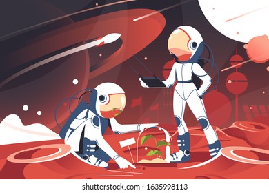 Investigated plant under transparent spherical dome vector illustration. Mission on mars flat style design. Craters landscape and people in protective uniforms