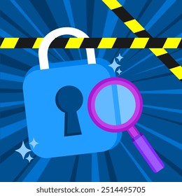 Investigating security breach vector illustration. A blue padlock with a magnifying glass in the keyhole. Suitable for cyber threat awareness, crime, and law content