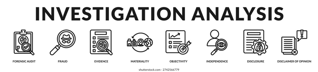 Investigation analysis theme highlighting evidential review, independent judgement, and structured disclosure standards in Lineal Icon Style