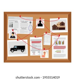 Investigation board. Crime investigation concept. Vector illustration