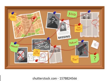 Investigation Board. Crime Evidence Connections Chart, Pinned Newspaper And Photos. Research Scheme On Detective Board Cartoon Vector Working Plan Of Detection Concept