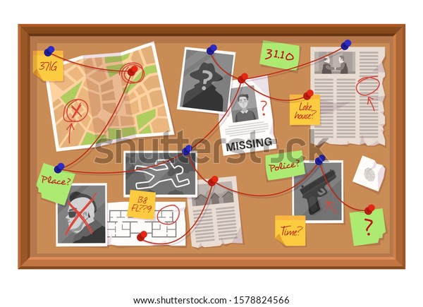 Investigation board. Crime\
evidence connections chart, pinned newspaper and photos. Research\
scheme on detective board cartoon vector working plan of detection\
concept