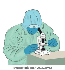 Investigation and development. Scientist in protective suit working with a microscope.