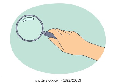 Investigation, exploration, interest concept. Human hand with magnifier enlarging details of green wall for studying researching small things vector illustration