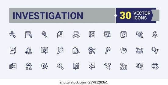 Investigation icon collection. Included discovery, explore, analysis, investigate, magnify, search. Research line icons pack. Outline icon collection. Minimal line and solid icons.
